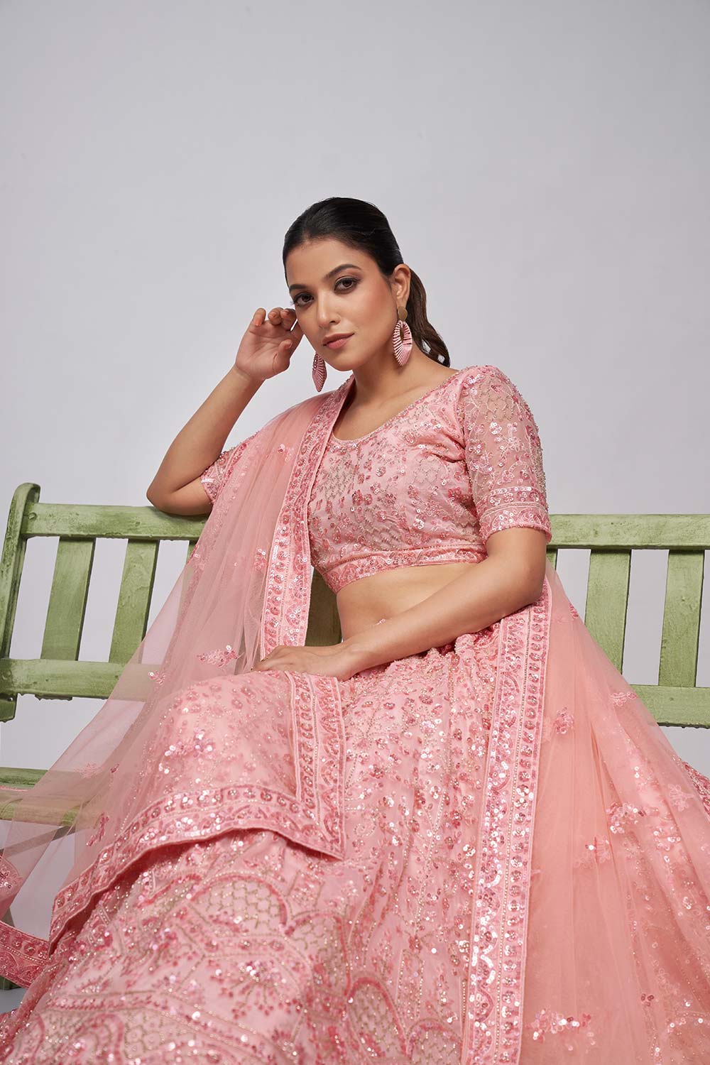 Pink Soft Net Pearl And Sequins,Embellishments Lehenga Set