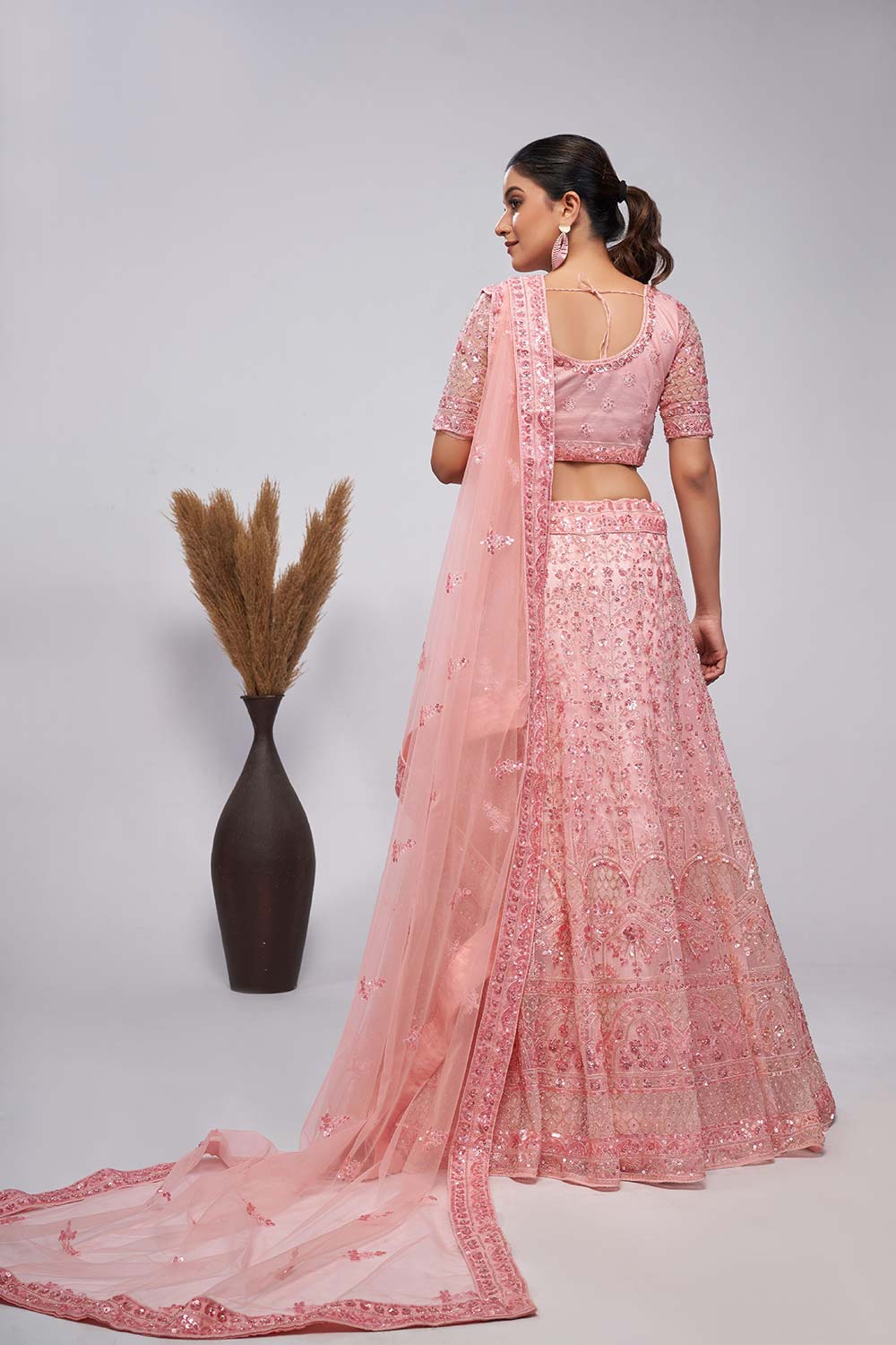 Pink Soft Net Pearl And Sequins,Embellishments Lehenga Set