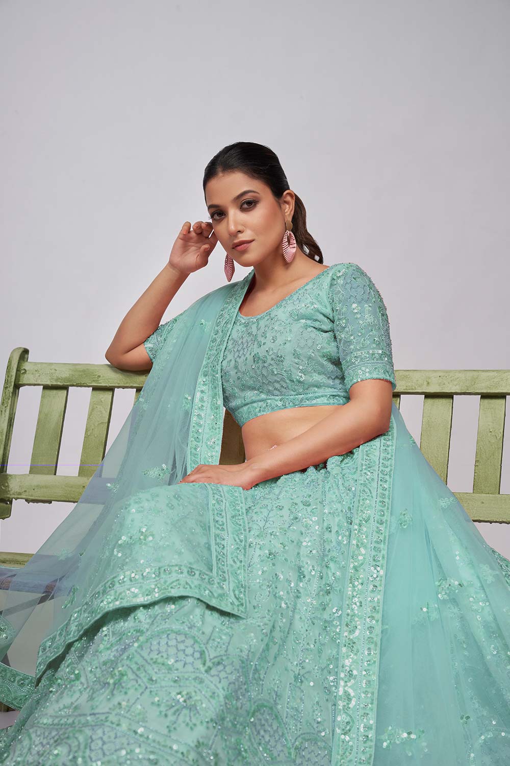 Sky Blue Soft Net Pearl And Sequins Lehenga Set