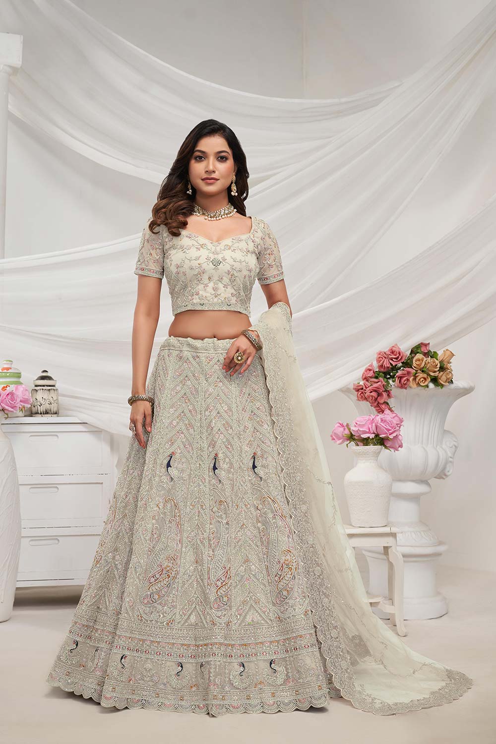 White Soft Net Embroidered  Lehenga Set