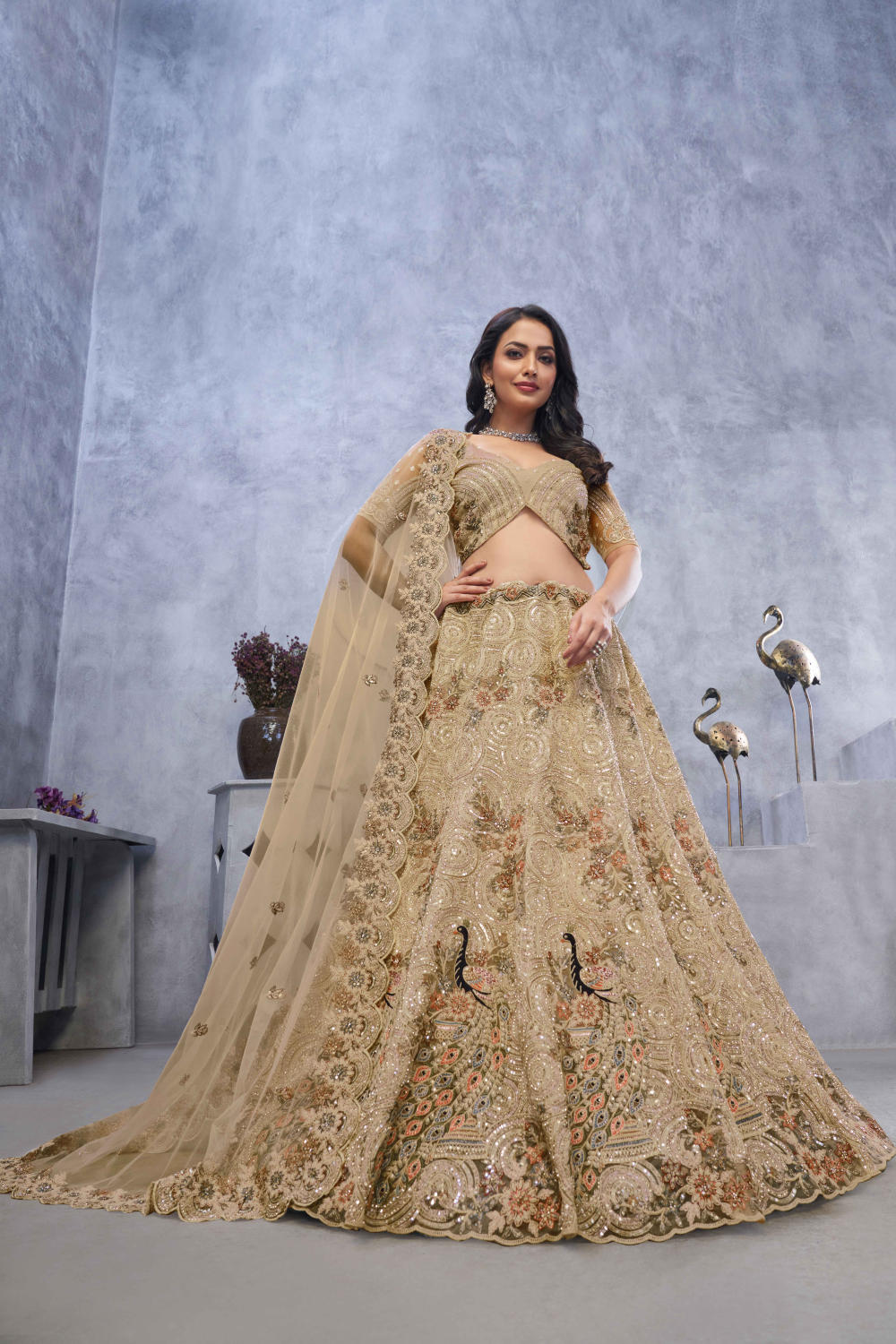 Golden Net Embroidered Lehenga Set