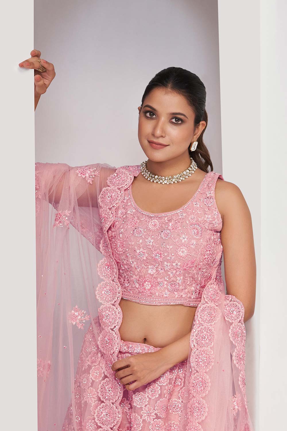 Pink Soft Net Embroidered Lehenga Set