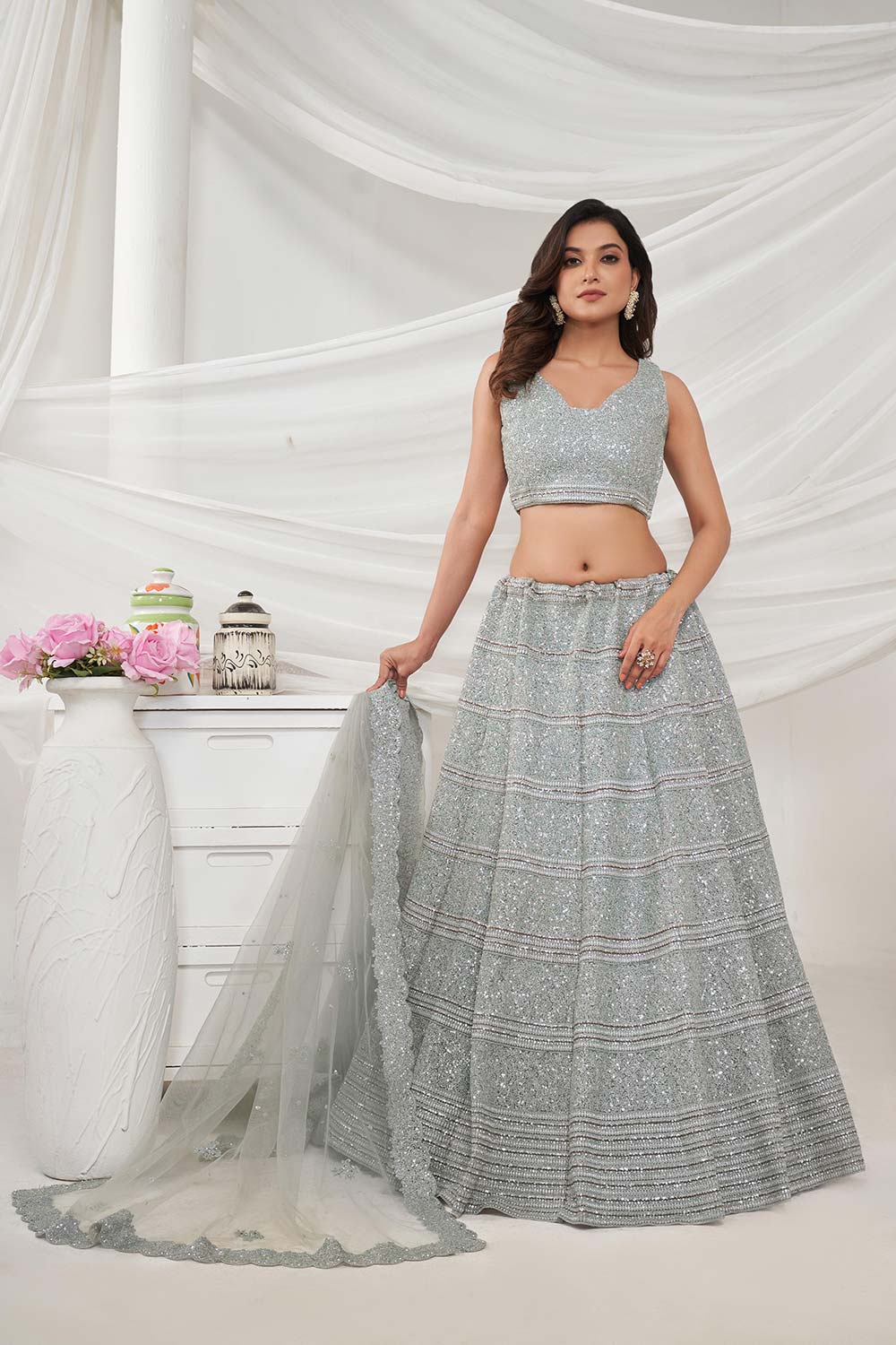 Grey Soft Net Embellished Lehenga Set