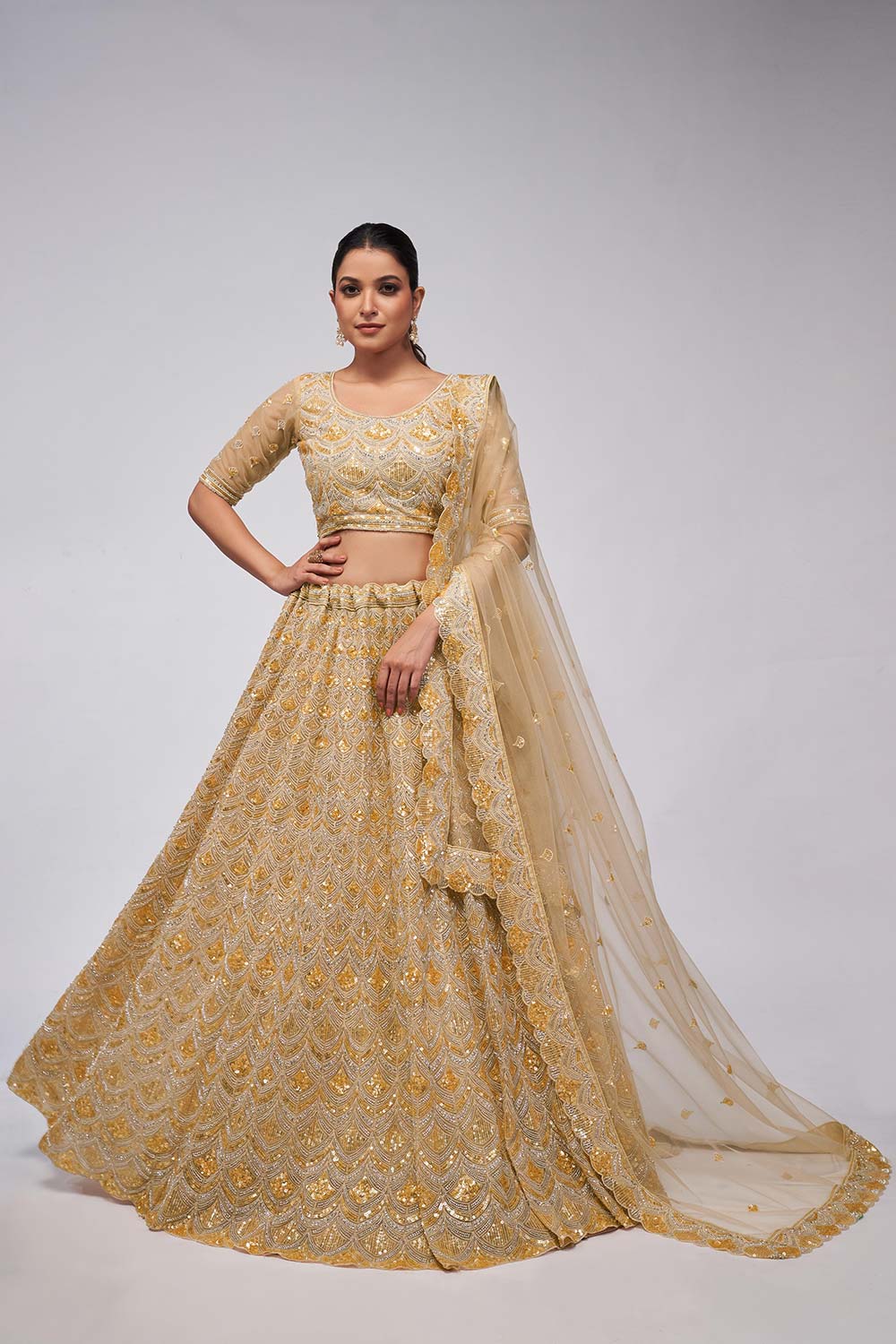 Golden Soft Net Embroidered Lehenga Set