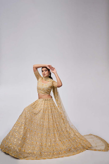 Golden Soft Net Embroidered Lehenga Set