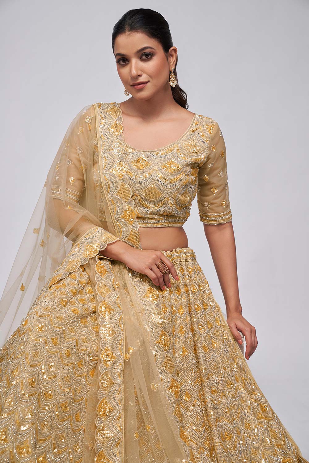 Golden Soft Net Embroidered Lehenga Set