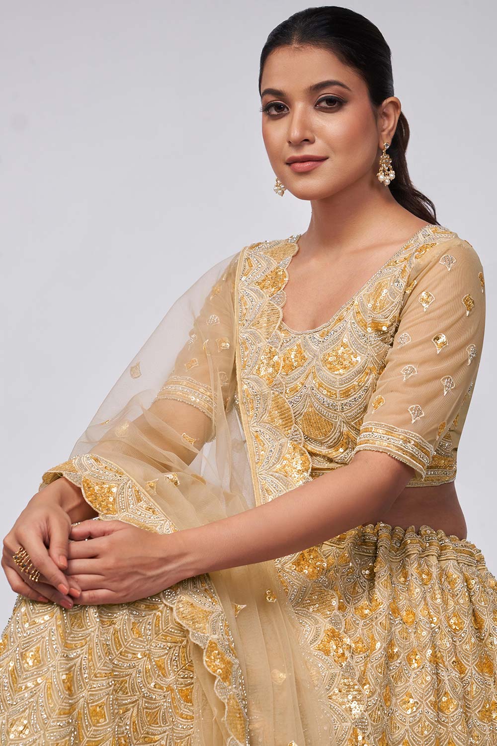 Golden Soft Net Embroidered Lehenga Set