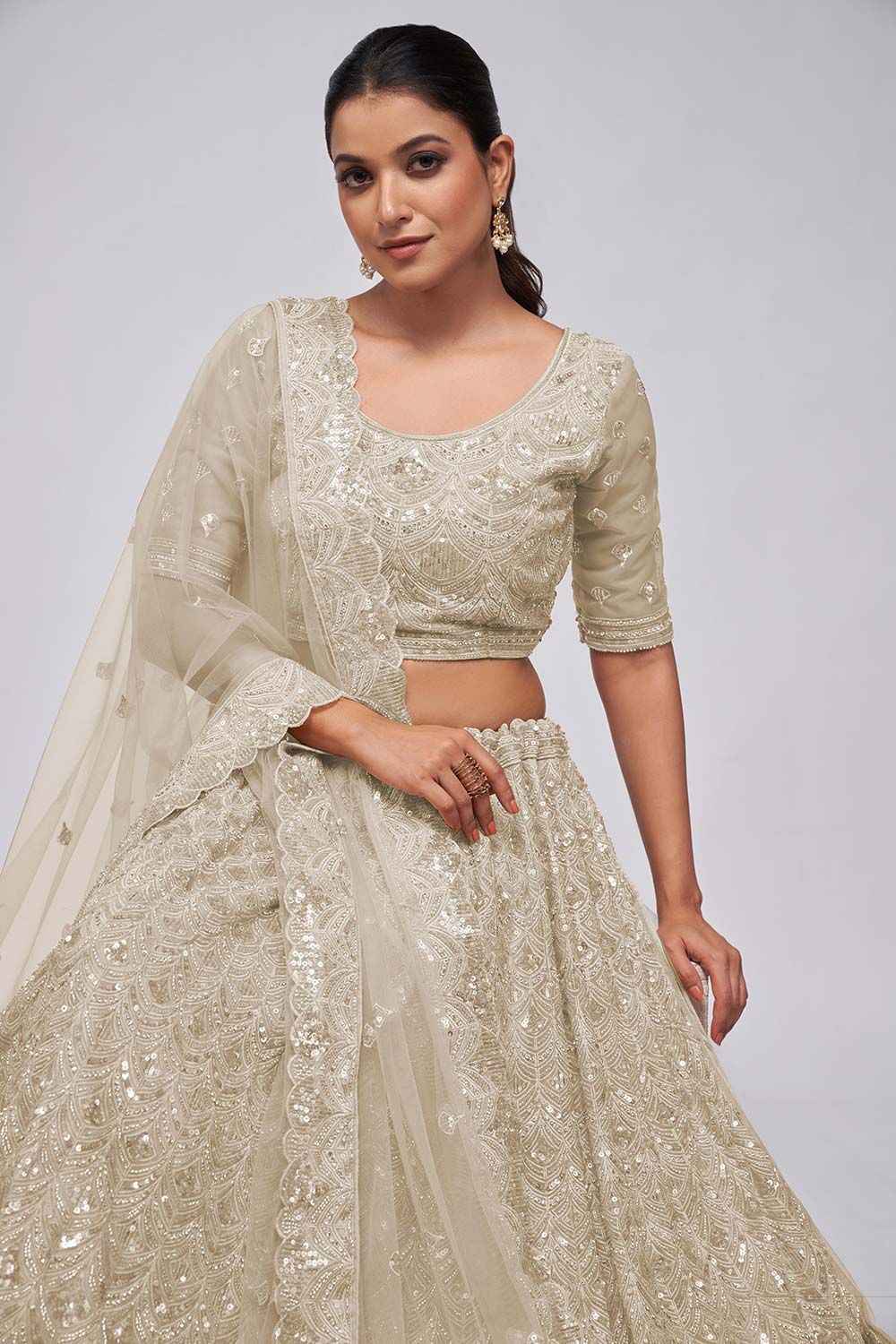 Ivory Soft Net Embroidered Lehenga Set