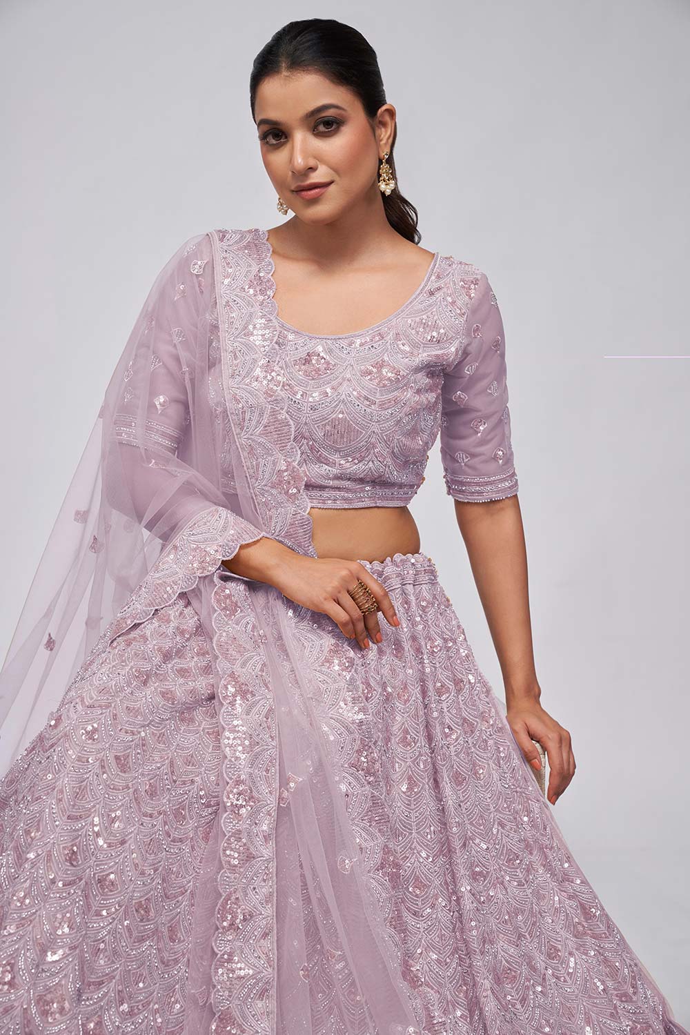 Mauve Soft Net Embellishment Lehenga Set