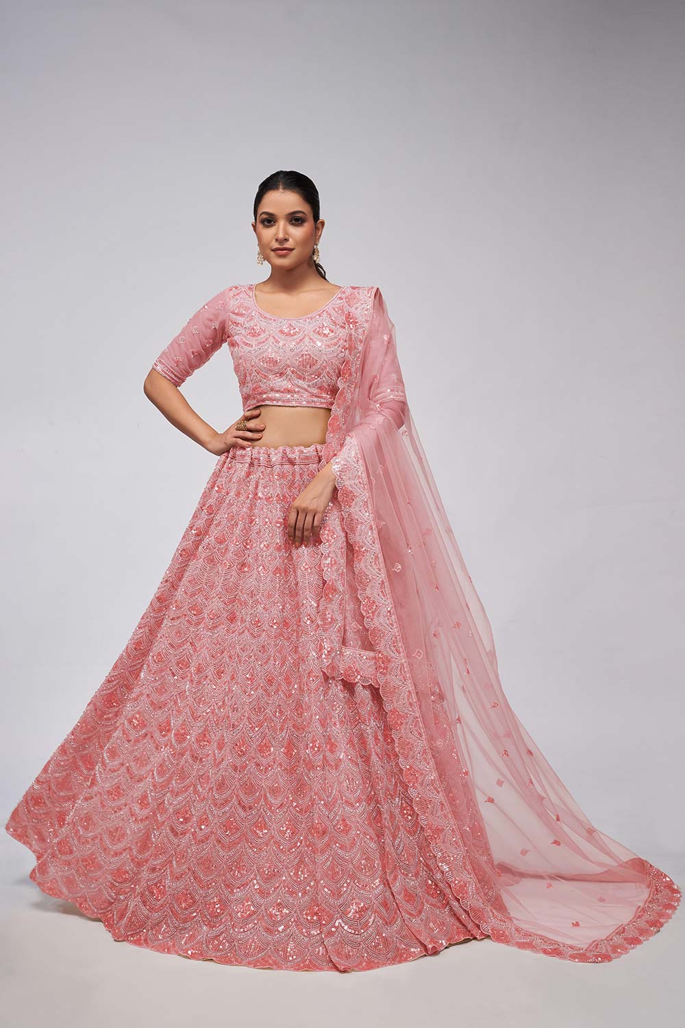 Pink Soft Net Embroidered Lehenga Set