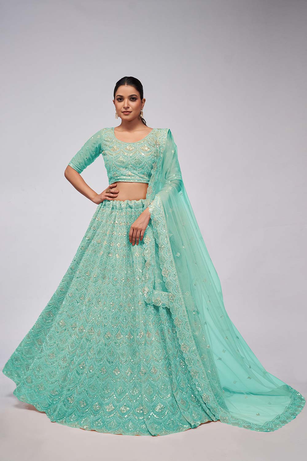 Sky Blue Soft Net Sequins,Beads Lehenga Set