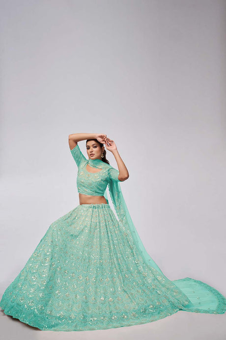 Sky Blue Soft Net Sequins,Beads Lehenga Set