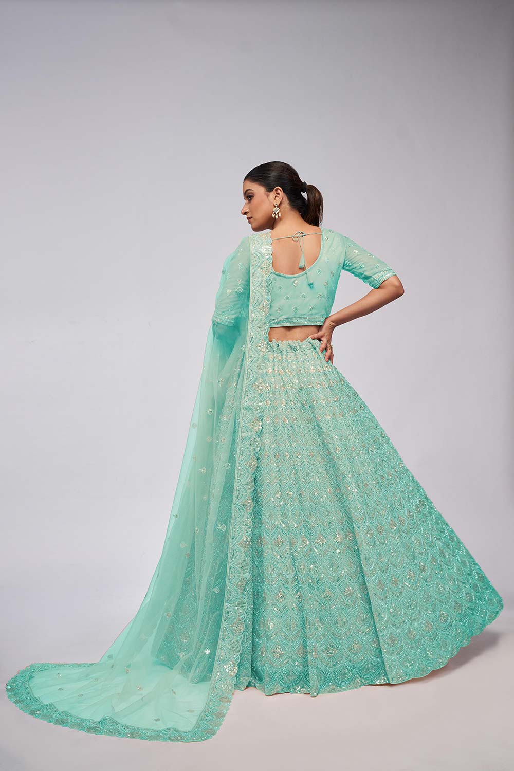 Sky Blue Soft Net Sequins,Beads Lehenga Set