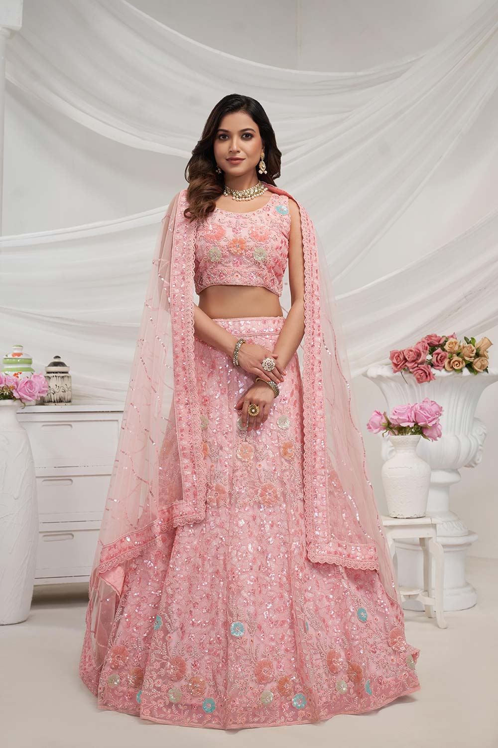 Pink Soft Net Embroidered Lehenga Set