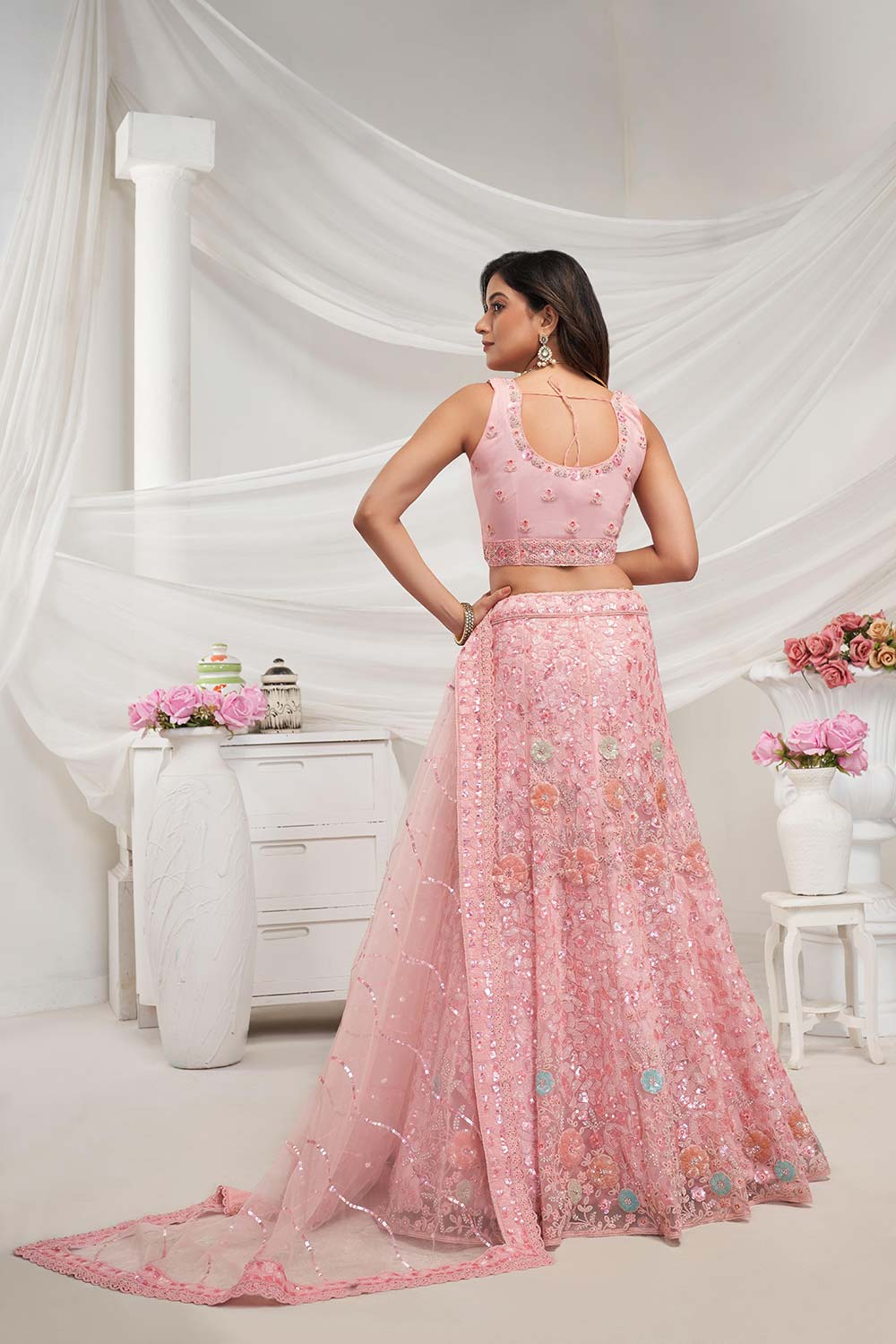 Pink Soft Net Embroidered Lehenga Set