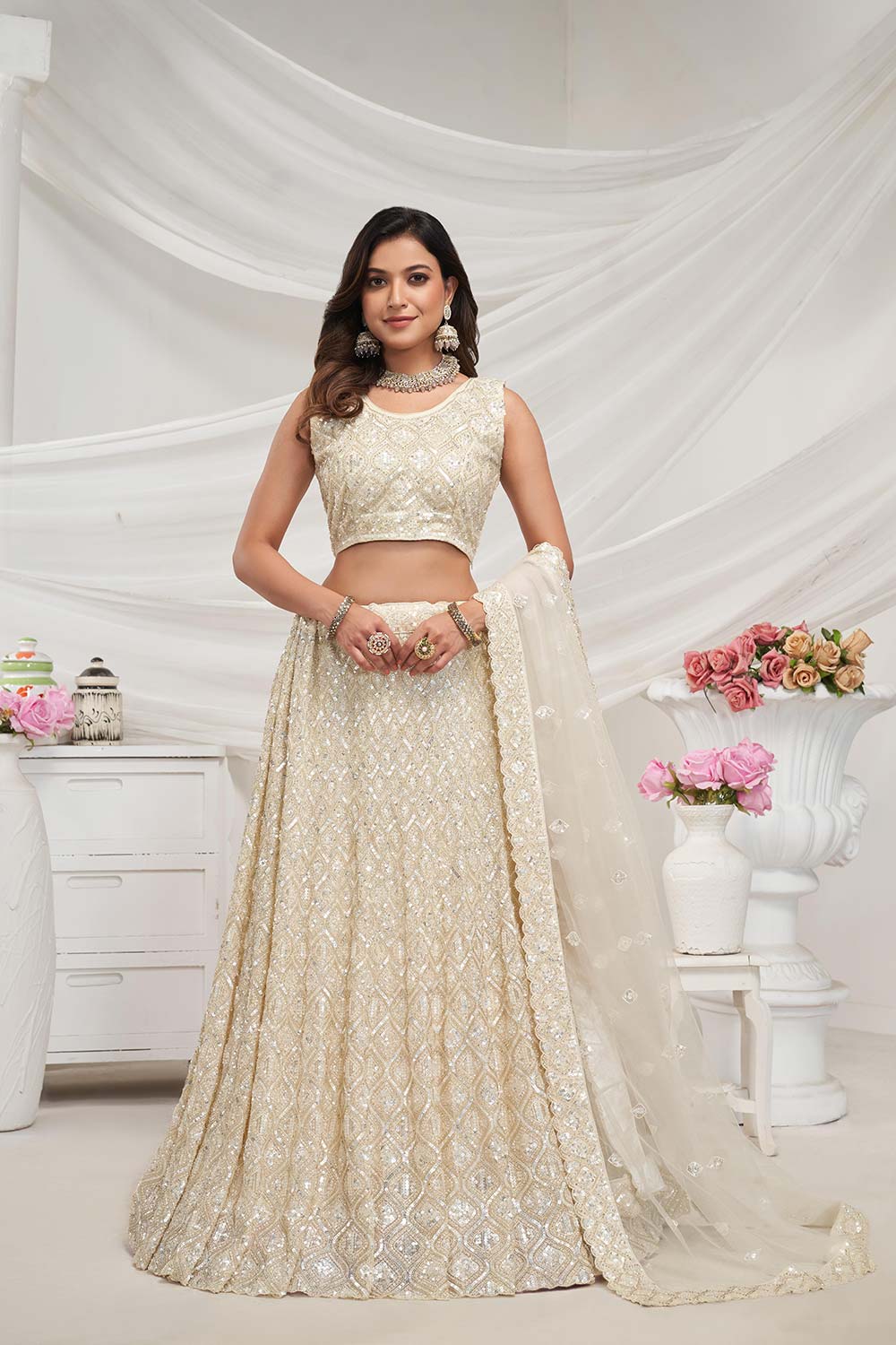 Ivory Soft Net Stone & Embroidered Lehenga Set