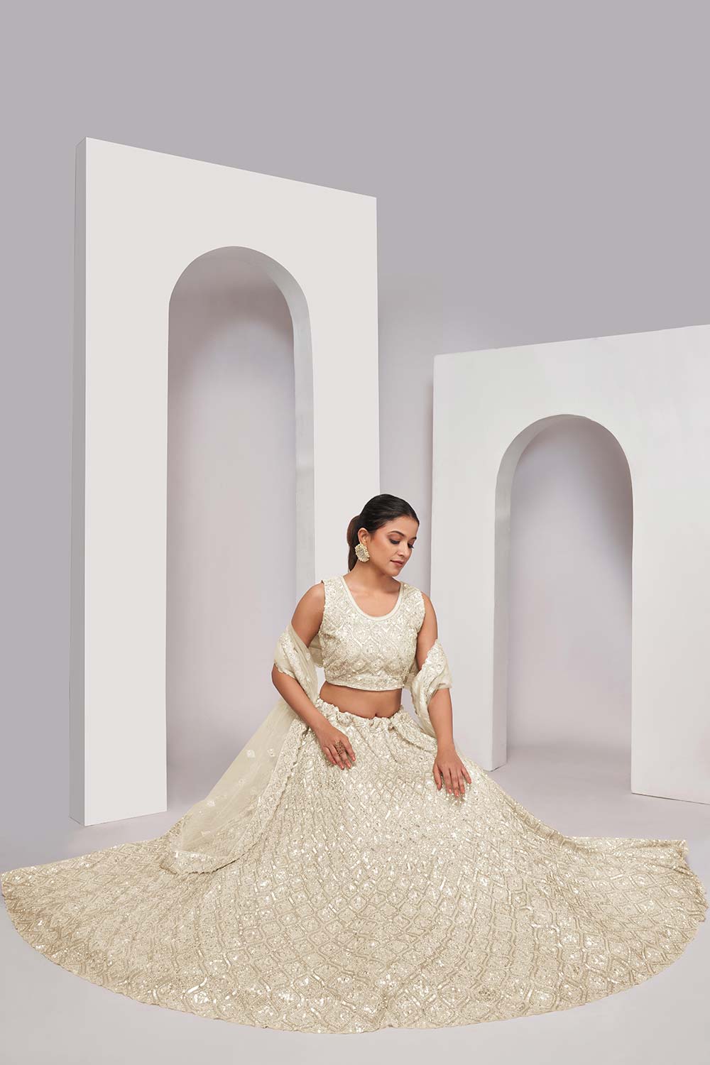 Ivory Soft Net Stone & Embroidered Lehenga Set