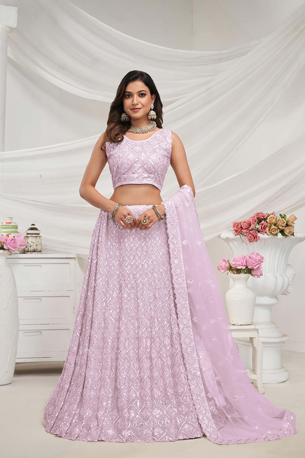 Mauve Soft Net Sequins & Embroidered Lehenga Set