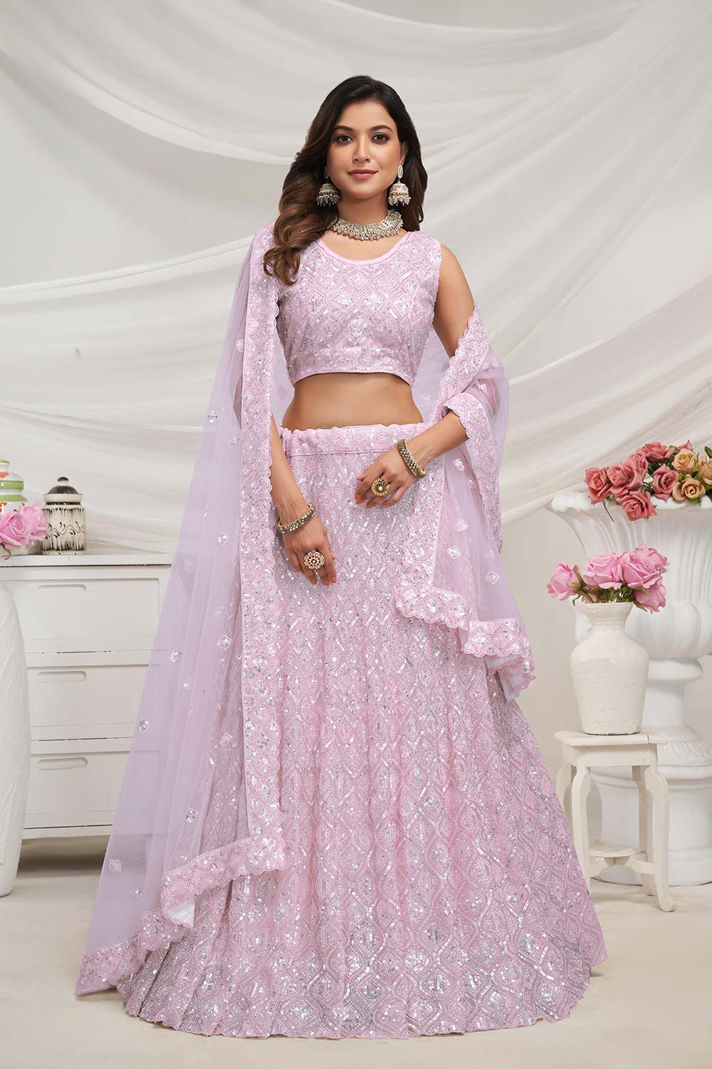 Mauve Soft Net Sequins & Embroidered Lehenga Set