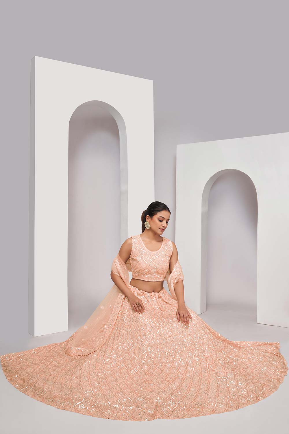 Peach Soft Net Sequin Embroidered Lehenga Set