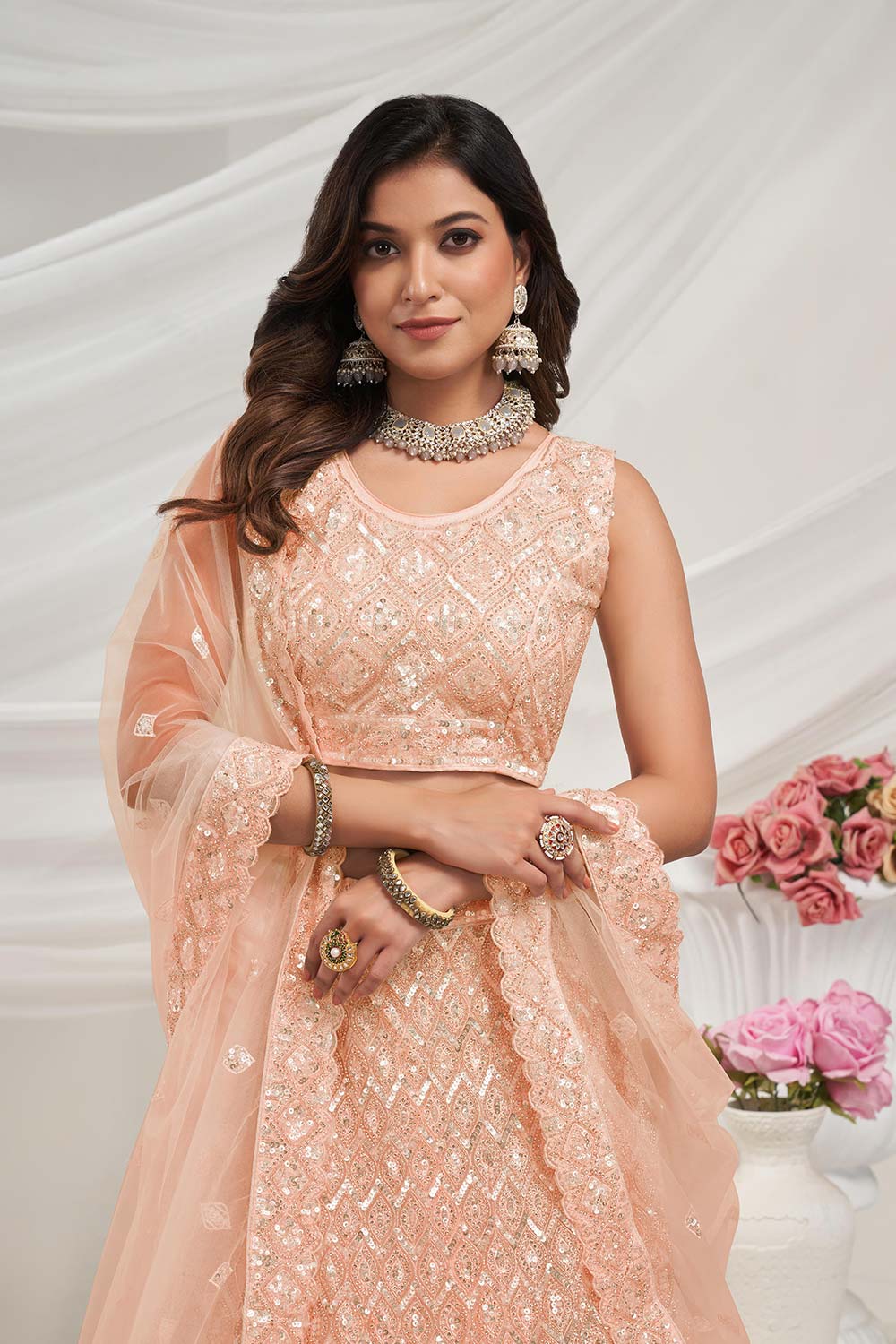 Peach Soft Net Sequin Embroidered Lehenga Set