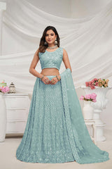 Sky Blue Soft Net Sequins & Embroidered Lehenga Set