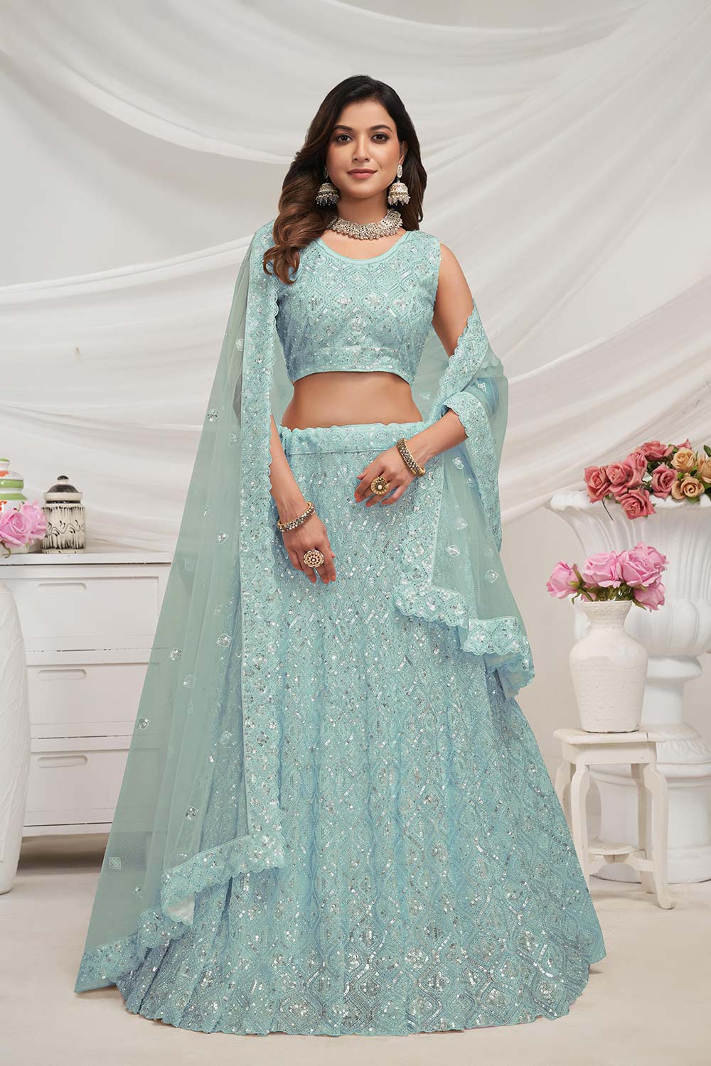 Sky Blue Soft Net Sequins & Embroidered Lehenga Set