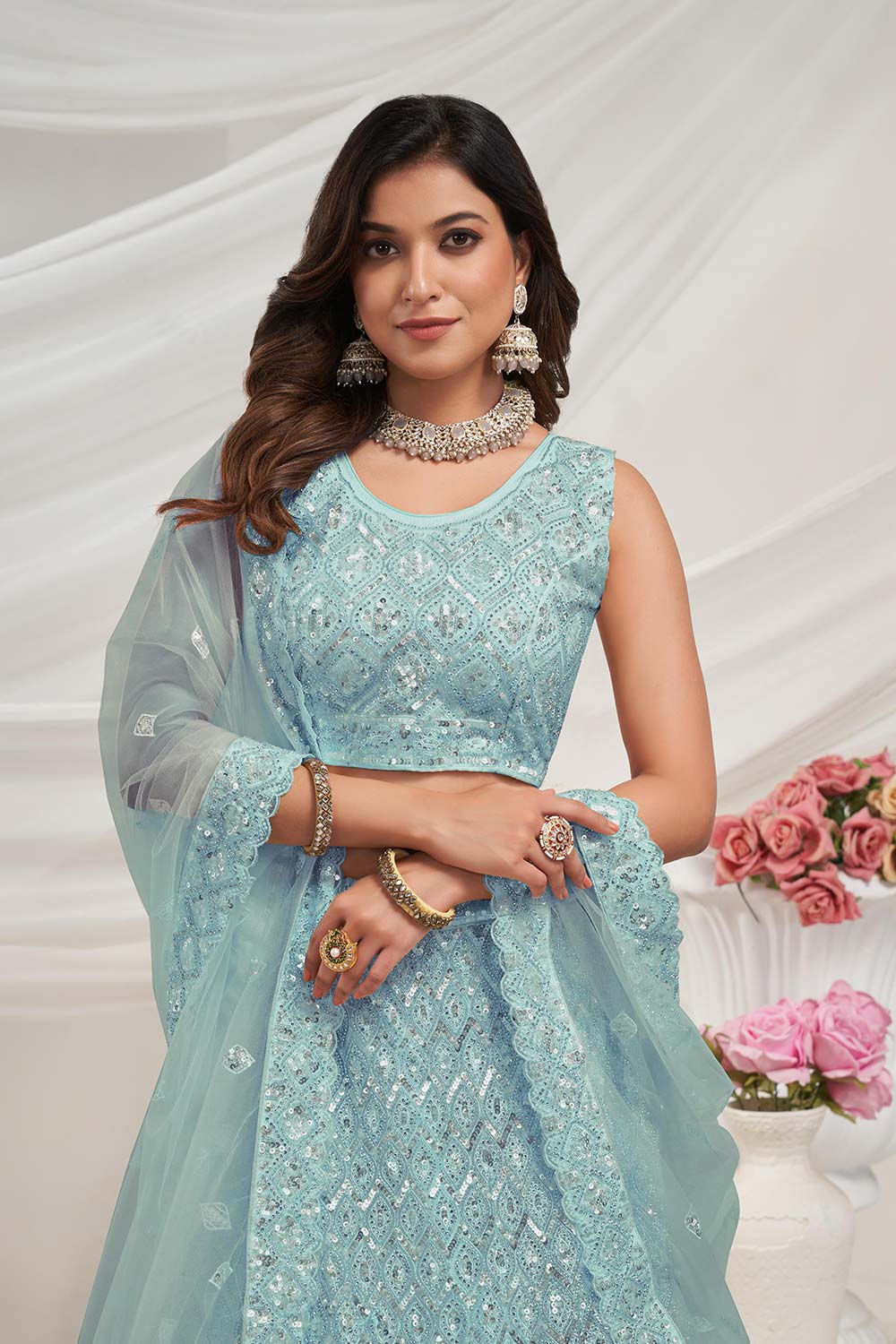 Sky Blue Soft Net Sequins & Embroidered Lehenga Set