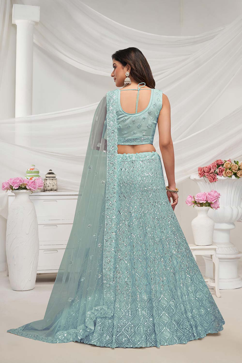 Sky Blue Soft Net Sequins & Embroidered Lehenga Set