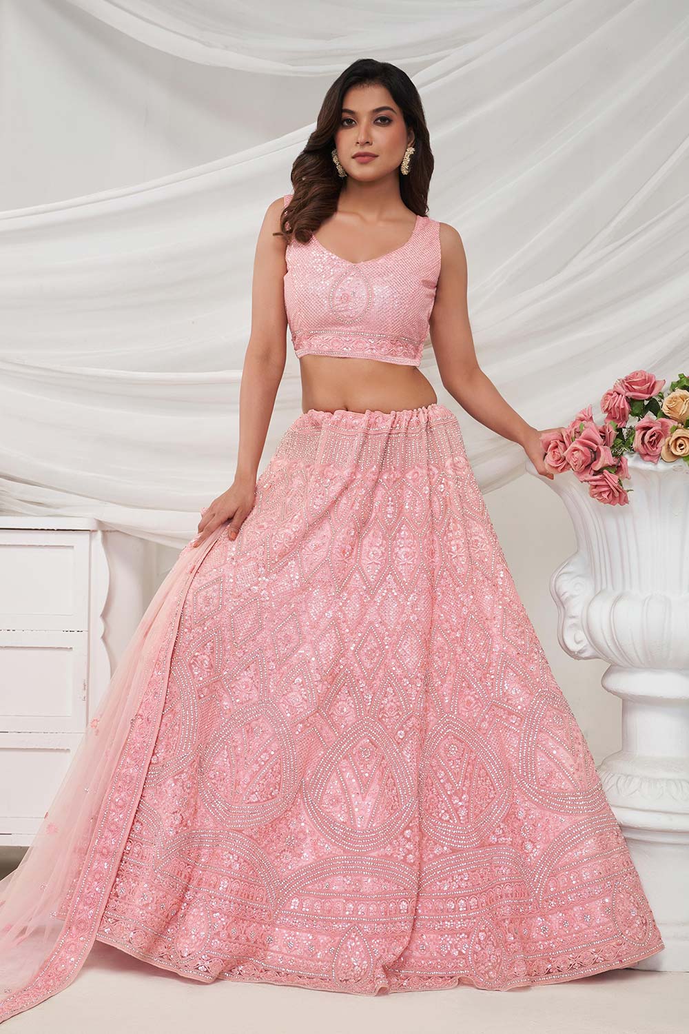 Pink Soft Net Sequins Embellishments Lehenga Set