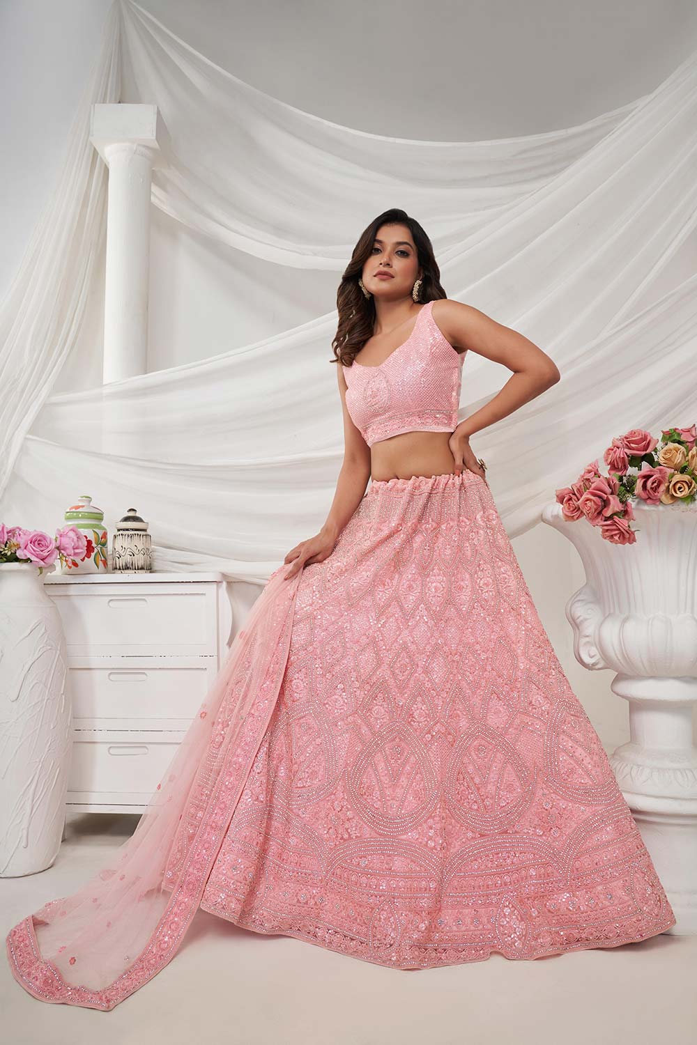 Pink Soft Net Sequins Embellishments Lehenga Set