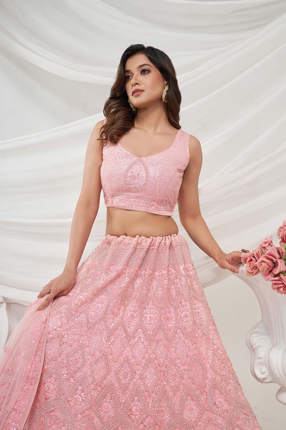 Pink Soft Net Sequins Embellishments Lehenga Set