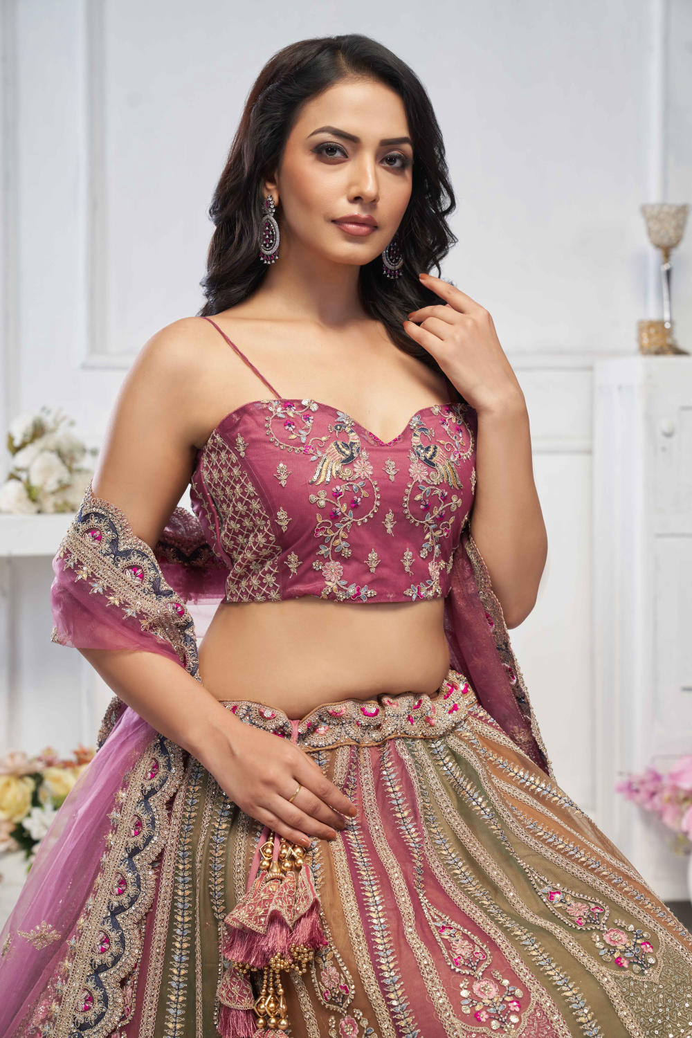 Pink Net Embroidered Lehenga Set