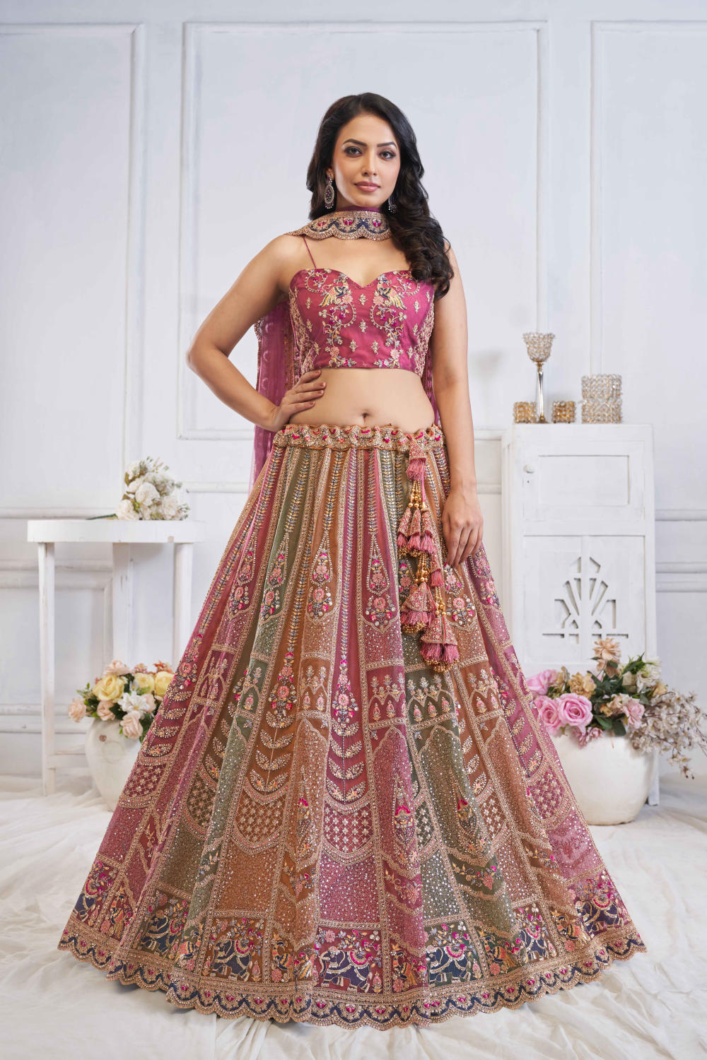 Pink Net Embroidered Lehenga Set