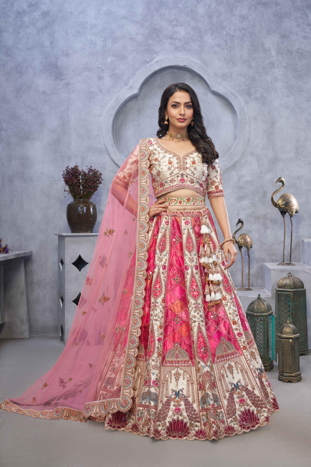 White Silk Embroidered Lehenga Set