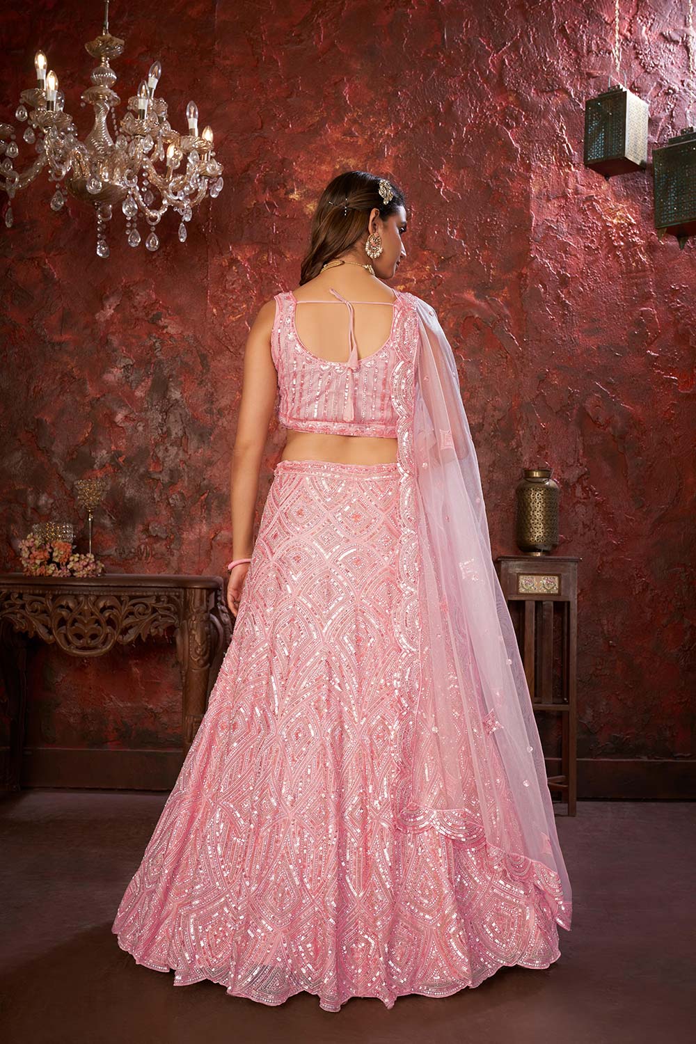 Pink Soft Net Embroidered Lehenga Set