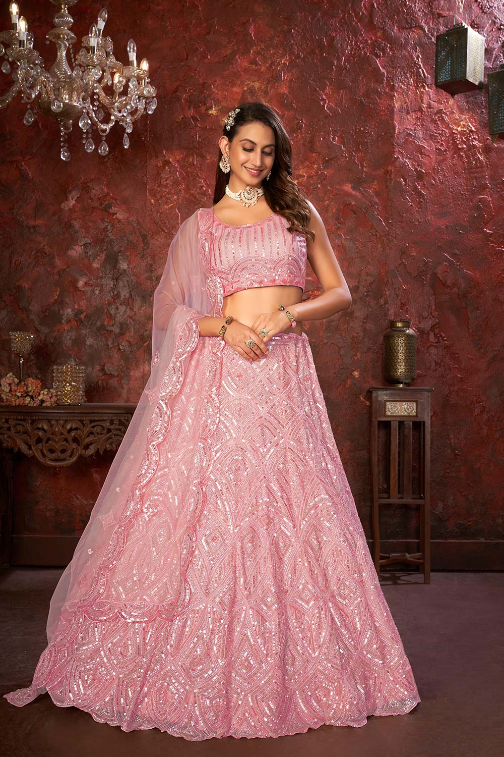 Pink Soft Net Embroidered Lehenga Set