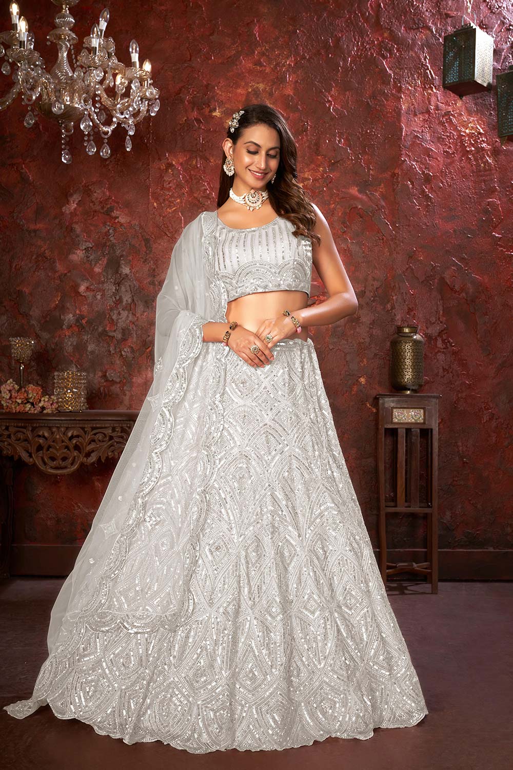 White Soft Net Embroidered Lehenga Set