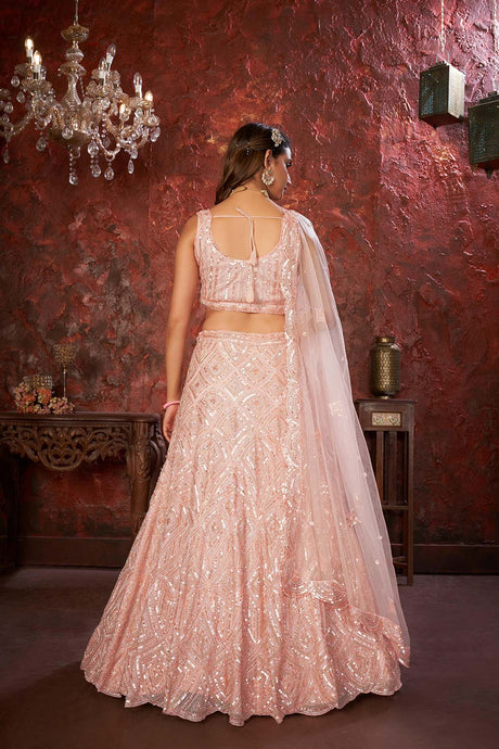 Peach Soft Net Embroidered Lehenga Set