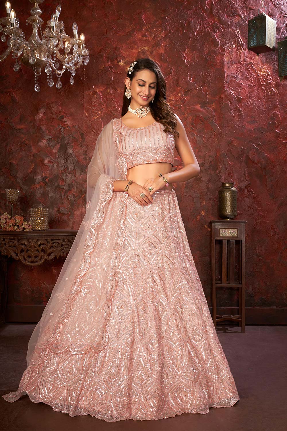 Peach Soft Net Embroidered Lehenga Set