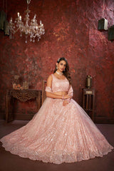 Peach Soft Net Embroidered Lehenga Set