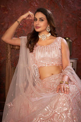 Peach Soft Net Embroidered Lehenga Set