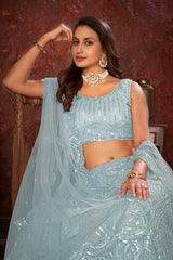 Sky Blue Soft Net Embroidered Lehenga Set