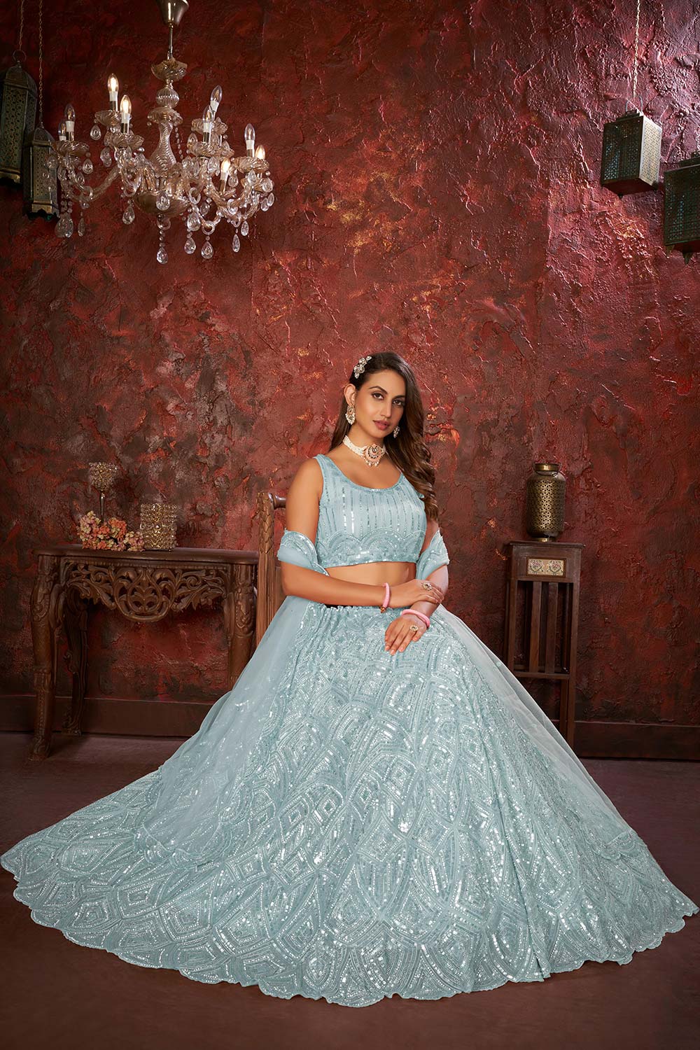 Sky Blue Soft Net Embroidered Lehenga Set