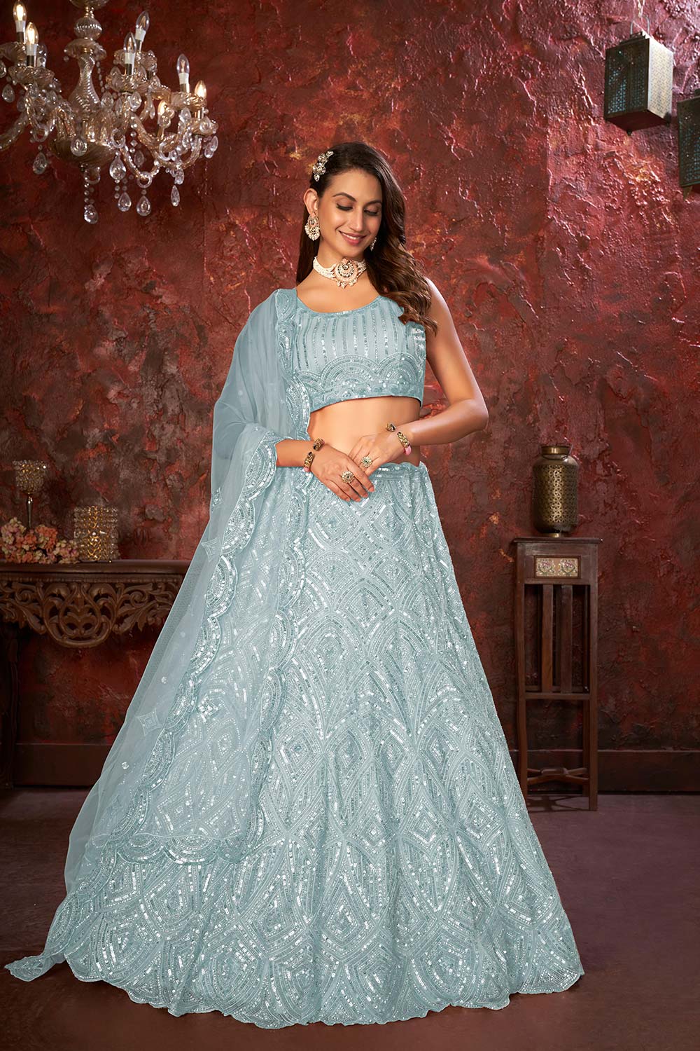 Sky Blue Soft Net Embroidered Lehenga Set