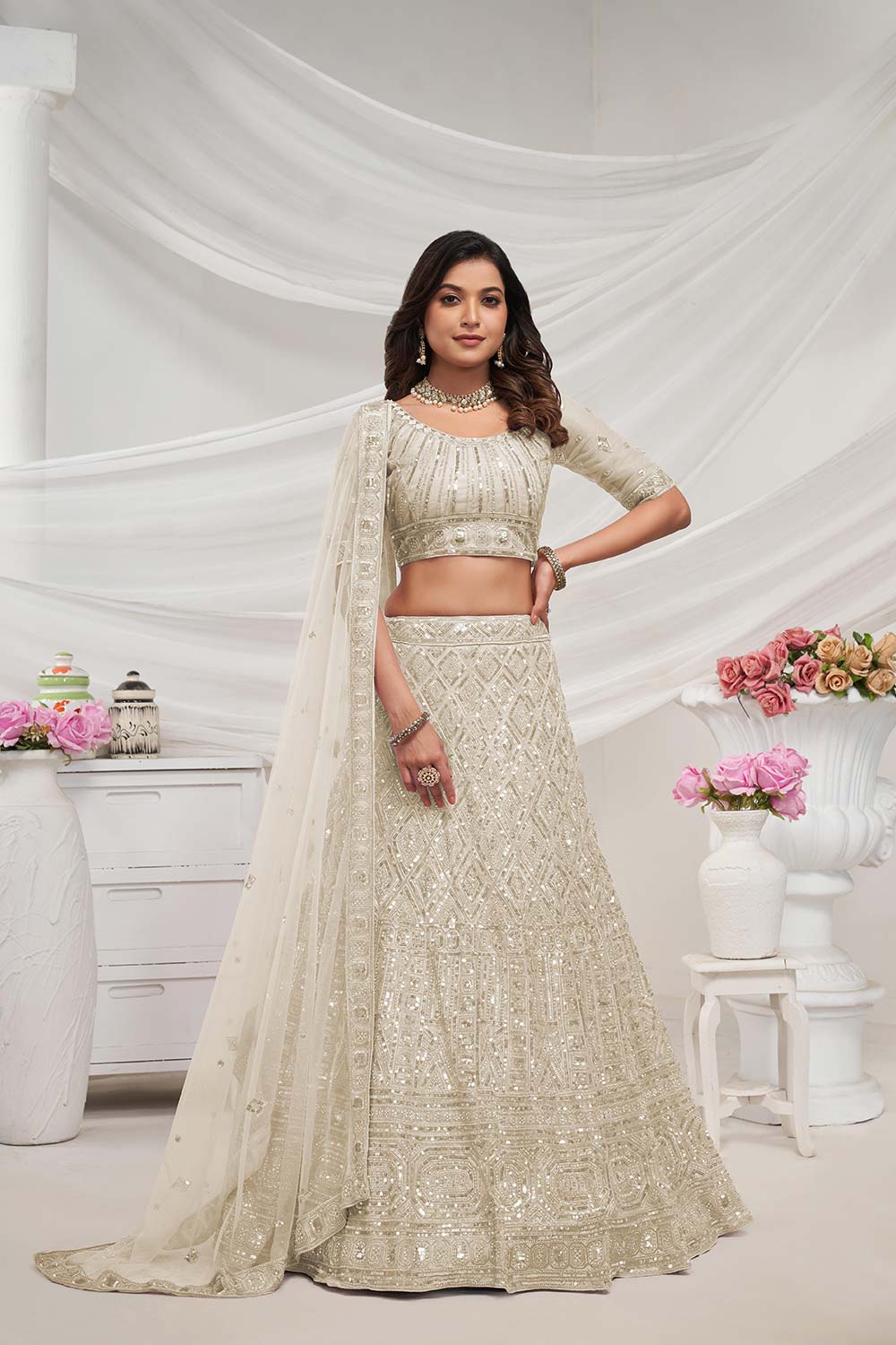 Ivory Soft Net Sequins,Embroidered Geometric Lehenga Set