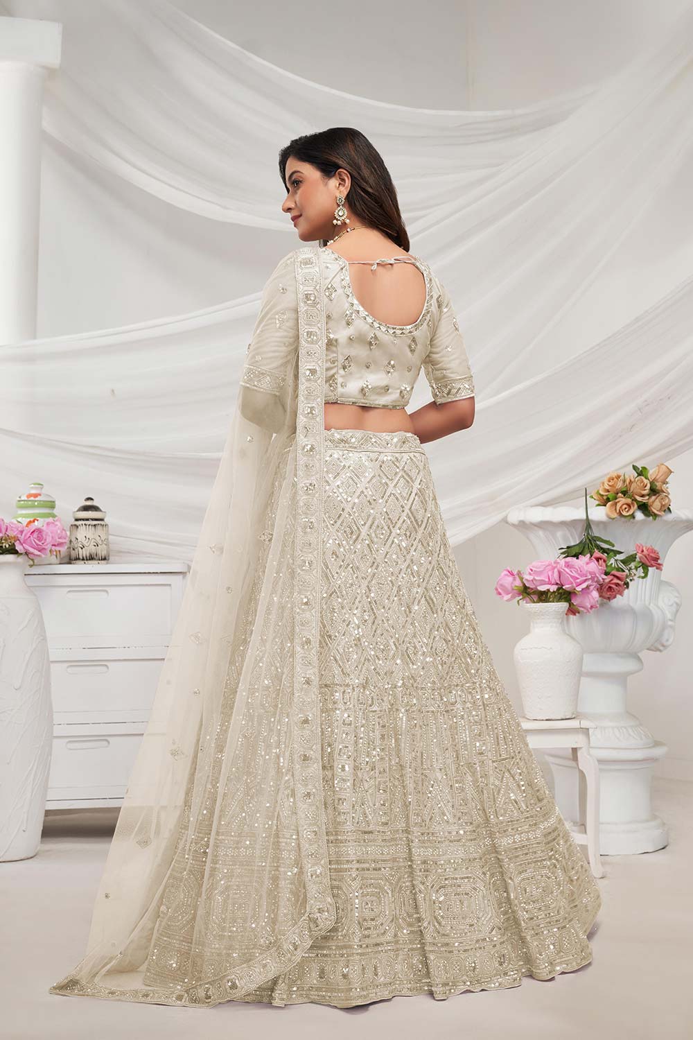 Ivory Soft Net Sequins,Embroidered Geometric Lehenga Set