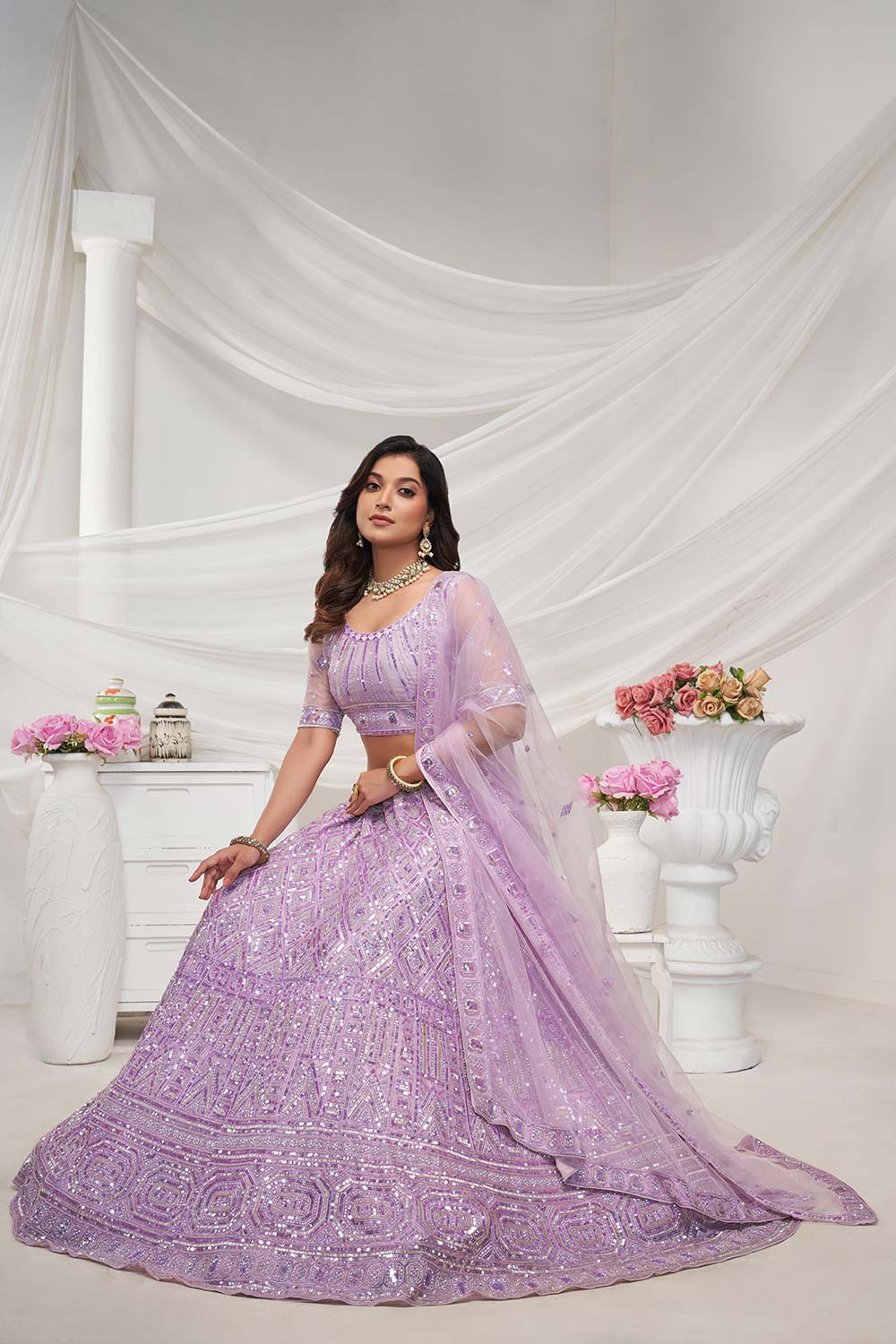 Mauve Soft Net Embroidered Lehenga Set