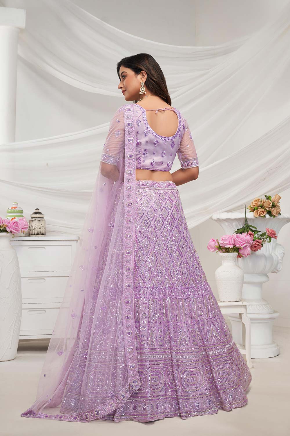 Mauve Soft Net Embroidered Lehenga Set