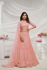 Peach Soft Net Sequins & Embroidered Lehenga Set